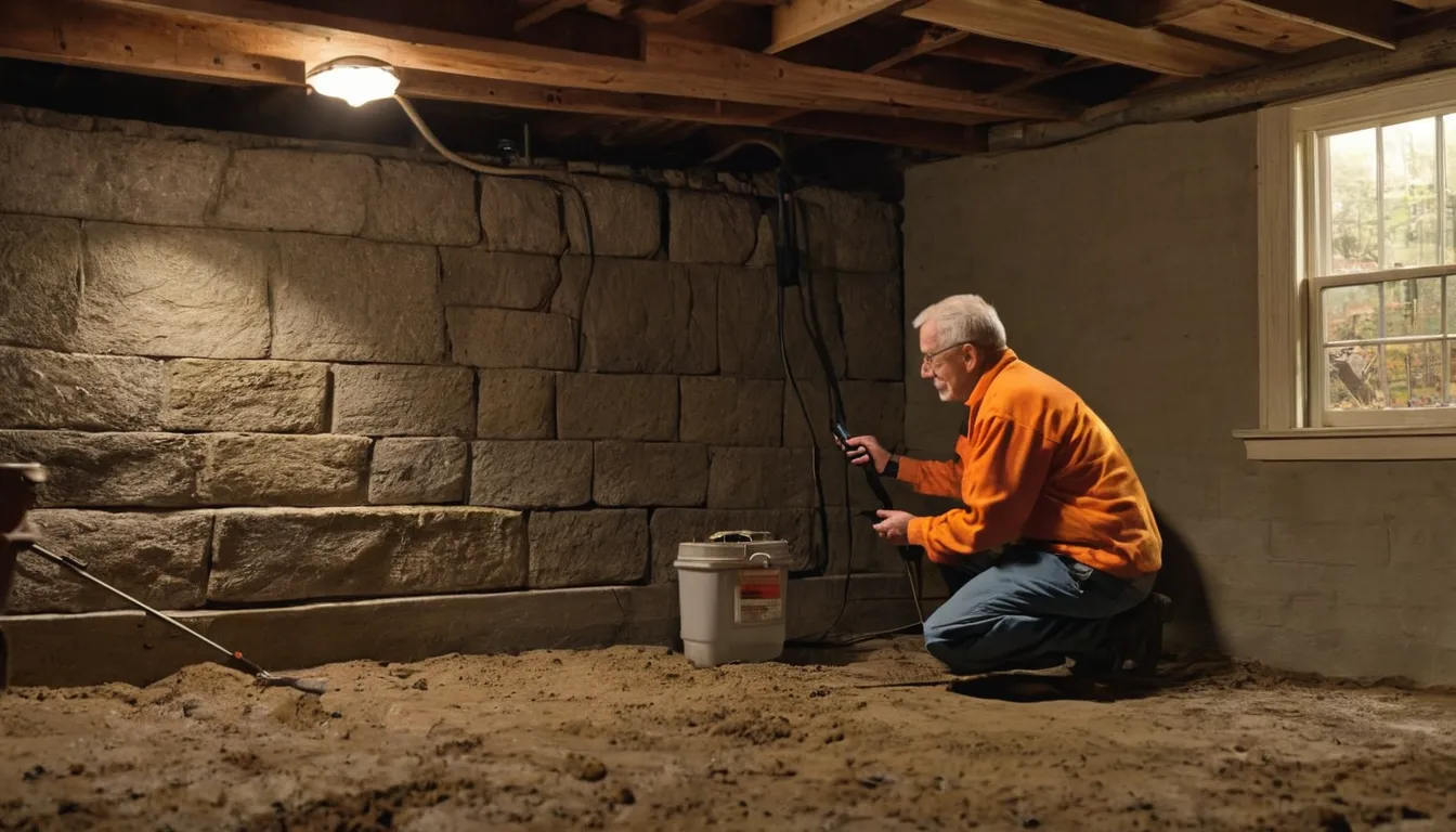 A provider inspecting a stone and block basement foundation for termite signs in a Stamford home